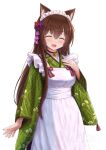  1girl ^_^ animal_ear_fluff animal_ears apron bangs bell black_choker blush breasts brown_hair cat_ears choker closed_eyes eyebrows_visible_through_hair facing_viewer flower frilled_apron frills green_kimono hair_between_eyes hair_flower hair_ornament hand_up highres iroha_(iroha_matsurika) japanese_clothes jingle_bell kimono long_sleeves maid_apron maid_headdress neck_bell open_mouth original purple_flower red_flower simple_background small_breasts solo wa_maid watermark white_apron white_background wide_sleeves 