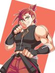  character_request clothes_around_waist cougar_(cougar1404) fingerless_gloves gloves green_eyes looking_at_viewer muscular navel redhead short_hair smile solo teeth 