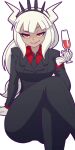  1girl breasts crossed_legs cup demon_girl demon_horns drinking_glass formal gloves helltaker horns large_breasts long_hair lucifer_(helltaker) mike_inel mole mole_under_eye necktie raised_eyebrow red_eyes smile solo suit transparent_background white_gloves white_hair white_horns wine_glass 