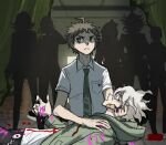  3girls 4boys bangs black_pants bottle bow breast_pocket dangan_ronpa_(series) dangan_ronpa_2:_goodbye_despair english_commentary flipped_hair green_jacket grey_hair hinata_hajime jacket komaeda_nagito kuzuryuu_fuyuhiko long_sleeves looking_at_another medium_hair messy_hair multiple_boys multiple_girls nanami_chiaki necktie open_clothes open_jacket owari_akane pants pink_blood pocket print_shirt shirt short_hair short_sleeves silhouette sonia_nevermind souda_kazuichi teeth what_if white_shirt whtie_shirt yandr4hope 