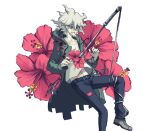  1boy bangs belt black_belt black_pants chain coat collarbone dangan_ronpa_(series) dangan_ronpa_2:_goodbye_despair flower foot_out_of_frame gloves green_coat grey_background grey_hair hood hood_down impaled jacket komaeda_nagito long_sleeves male_focus messy_hair navel open_clothes open_coat open_mouth pants red_flower saliva shirt short_hair simple_background smile solo symbol_commentary upper_teeth weapon white_background white_hair yandr4hope 