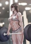  1girl abs alternate_costume backlighting bangs biceps black_hair blurry blurry_background breasts ceiling_light cowboy_shot exercise focused from_side gym highres indoors kantai_collection large_breasts light_particles long_hair looking_ahead muscular muscular_female nagato_(kancolle) navel red_eyes shiny shiny_clothes shiny_hair shiny_skin short_shorts shorts solo sports_bra standing thighs very_long_hair weightlifting white_sports_bra yuichi_(sp_sakura_yoshi) 