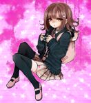  1girl animal_bag backpack bag bangs black_jacket black_legwear black_shirt brown_hair cat_bag dangan_ronpa_(series) dress_shirt eyebrows_visible_through_hair flipped_hair gradient gradient_background hair_ornament handheld_game_console highres holding jacket long_sleeves medium_hair miniskirt nanami_chiaki open_clothes open_jacket pink_background pink_footwear playstation_portable pleated_skirt shirt shirt_tucked_in shoes skirt spaceship_hair_ornament star_(symbol) thigh-highs two-tone_shirt v1v404 white_shirt 