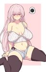  1girl absurdres bangs black_legwear blush breasts camisole commentary_request eyebrows_visible_through_hair fate/grand_order fate_(series) florence_nightingale_(fate) highres ishibori_eregomos large_breasts long_hair midriff navel pink_background pink_hair red_eyes sagging_breasts simple_background skindentation solo spoken_squiggle squiggle thigh-highs white_background 