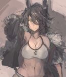  1girl abs arm_up bangs bikini black_hair black_jacket breasts closed_mouth eyepatch fur-trimmed_jacket fur_trim grey_background hair_between_eyes headgear highres jacket kantai_collection large_breasts long_sleeves medium_hair moor open_clothes open_jacket simple_background solo swimsuit tenryuu_(kancolle) toned upper_body white_bikini yellow_eyes 