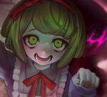  1girl :d bangs blurry close-up commentary dangan_ronpa_(series) dangan_ronpa_another_episode:_ultra_despair_girls depth_of_field dress face frills green_eyes green_hair hairband hand_up hands long_sleeves looking_at_viewer neck_ribbon no_nose open_mouth pink_dress red_hairband red_ribbon ribbon short_hair smile solo teeth towa_monaka upper_body v1v404 
