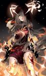  1girl animal_ears blonde_hair blood blood_on_face blood_splatter bloody_clothes bloody_weapon body_markings character_name corruption english_text gebofruits glowing glowing_eyes hair_ribbon highres holding holding_weapon hood hood_up little_red_riding_hood_(sinoalice) one_eye_covered orange_eyes ribbon sinoalice solo torn_hoodie weapon 