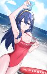  1girl absurdres beach blue_eyes blue_hair blush breasts day fire_emblem fire_emblem_awakening grimmelsdathird hair_between_eyes highres lifeguard long_hair looking_at_viewer lucina_(fire_emblem) one-piece_swimsuit one_eye_closed simple_background sky small_breasts solo swimsuit tan tanlines tiara wet 