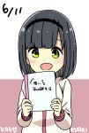  1girl :d bangs black_bow black_hairband blue_hair blunt_bangs blush bow bow_hairband character_name commentary_request dated dot_nose green_eyes hair_bow hairband happy highres hitoribocchi_no_marumaru_seikatsu holding holding_notebook katsuwo_(cr66g) kurai_kako long_sleeves looking_at_viewer notebook open_mouth pink_background school_uniform shirt smile solo split_mouth translation_request two-tone_background upper_body white_background white_shirt 