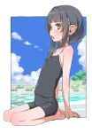  1girl akari_(raigou) arm_support bangs bare_shoulders barefoot black_camisole black_hair black_shorts blue_sky blunt_bangs blush border camisole clouds commentary_request eyebrows_visible_through_hair full_body long_hair looking_to_the_side open_mouth original outdoors outside_border pointy_ears ponytail pool raigou seiza short_shorts shorts sitting sky solo sweatdrop white_border yellow_eyes 
