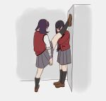  2girls black_hair blush character_request crispykodraws english_commentary hairband hyakkaou_academy_uniform ikishima_midari kakegurui long_hair medium_hair multiple_girls pink_hairband purple_hair split standing standing_on_one_leg standing_split wall_slam wristband yuri 