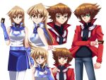  1boy 1girl blonde_hair blue_skirt brown_eyes brown_hair couple deviantart_username doodle hand_gesture happy holding_card looking_at_viewer multicolored_eyes multicolored_hair portrait red_jacket sailor_collar sincity2100 sleeveless_shirt tenjouin_asuka white_background white_shirt yu-gi-oh! yuu-gi-ou yuu-gi-ou_gx yuuki_juudai 