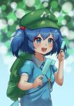  1girl :d absurdres backpack bag bangs blue_eyes blue_hair blue_shirt blue_skirt blurry blurry_background blush bokeh breasts bright_pupils commentary_request depth_of_field dual_wielding eyebrows_visible_through_hair food frills green_bag green_headwear hair_bobbles hair_ornament hat highres holding holding_food huge_filesize kawashiro_nitori key medium_breasts open_mouth popsicle puffy_short_sleeves puffy_sleeves shirt short_hair short_sleeves signature simple_background skirt smile solo touhou tsugumi_amon two_side_up upper_body upturned_eyes wing_collar 