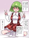 1girl blush double_v dress_shirt green_hair hammer_(sunset_beach) highres kazami_yuuka looking_at_viewer one_eye_closed open_mouth plaid plaid_skirt plaid_vest red_eyes shirt short_hair skirt smile solo spread_legs squatting touhou translation_request unmoving_pattern v vest 