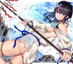  1girl :o absurdres ass black_hair blue_eyes breasts clouds dutch_angle fate/grand_order fate/requiem fate_(series) highres holding holding_staff looking_at_viewer magatama magatama_hair_ornament medium_breasts multicolored_hair open_mouth outdoors redhead revealing_clothes rope short_hair sideboob sky solo staff toukan two-tone_hair utsumi_erise water 