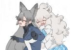  010mzam 2girls animal_ears big_hair black_fur black_gloves black_neckwear black_shirt blue_jacket blue_neckwear blue_skirt bow bowtie closed_eyes commentary_request elbow_gloves extra_ears eyebrows_visible_through_hair fang fox_ears fox_girl fur_trim gloves grey_hair hug hug_from_behind jacket kemono_friends lion_ears lion_girl long_hair long_sleeves multiple_girls necktie open_mouth plaid plaid_neckwear plaid_skirt plaid_trim pleated_skirt shirt short_sleeves silver_fox_(kemono_friends) skirt smile t-shirt white_gloves white_hair white_lion_(kemono_friends) white_shirt 