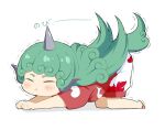  1girl all_fours animal_ears blush chibi closed_eyes commentary_request crys_(dai) full_body green_hair horns kariyushi_shirt komano_aunn long_hair red_shirt sandals shirt short_sleeves shorts simple_background single_horn solo stretch tail touhou white_background white_shorts 