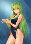  1girl absurdres blue_swimsuit blush c.c. code_geass green_hair highres long_hair one-piece_swimsuit shiny shiny_hair shiny_skin solo standing swimsuit tani_wataru yellow_eyes 