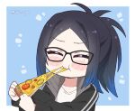  1girl ^_^ bangs black_hair black_jacket blue_hair closed_eyes collarbone eating food gradient_hair jacket kson kukie-nyan mole mole_under_eye multicolored_hair parted_bangs pizza ponytail portrait real_life shirt smile solo t-shirt twitter_username upper_body white_shirt 