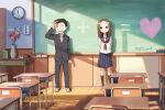  1boy 1girl absurdres black_hair black_jacket black_pants blue_sailor_collar blue_skirt blush board_eraser brown_eyes brown_hair chalkboard classroom clock closed_mouth collared_shirt commentary dated desk flower forehead full_body gakuran heart highres indoors jacket karakai_jouzu_no_takagi-san long_hair long_sleeves looking_at_another looking_to_the_side neckerchief nishikata open_mouth pants phone pleated_skirt red_neckwear sailor_collar sanpaku school_desk school_uniform serafuku shadow shirt short_hair signature skirt smile standing takagi-san two-tone_footwear white_shirt zeng$_(zwj) 