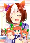  1girl animal_ears bangs blunt_bangs bow bowtie braid brown_hair character_doll closed_eyes commentary crane_game ear_bow ear_covers eyebrows_visible_through_hair false_smile french_braid grass_wonder_(umamusume) hairband horse_ears horse_girl horseshoe_ornament long_sleeves multicolored_hair orange_hair puffy_short_sleeves puffy_sleeves purple_bow purple_neckwear purple_shirt sailor_collar sailor_shirt school_uniform shirt short_sleeves silence_suzuka_(umamusume) smile solo special_week_(umamusume) striped striped_bow stuffed_toy tekehiro tracen_school_uniform two-tone_hair umamusume white_hair 