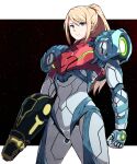  1girl absurdres arm_cannon armor bangs blonde_hair blue_eyes glowing highres long_hair looking_at_viewer metroid metroid_dread mole mole_under_mouth ponytail power_armor samus_aran science_fiction sidelocks simple_background solo upper_body varia_suit visor weapon yokoyoko_(nazonazo) 