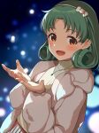  1girl :d blue_background blush brown_eyes curly_hair dot_nose green_hair hairband highres idolmaster idolmaster_million_live! idolmaster_million_live!_theater_days inuyama_nanami jacket jewelry long_sleeves looking_at_viewer medium_hair necklace open_clothes open_jacket open_mouth pleated_skirt red_skirt skirt smile snowing solo sweater tokugawa_matsuri upper_body white_hairband white_sweater 