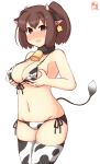  1girl alternate_costume animal_ears animal_print artist_logo bell bikini breast_hold breasts brown_eyes brown_hair commentary_request covered_nipples cow_ears cow_horns cow_print cow_tail cowbell cowboy_shot dated ear_tag fake_animal_ears fake_horns front-tie_top groin highres horns ise_(kancolle) kanon_(kurogane_knights) kantai_collection large_breasts looking_at_viewer lowleg lowleg_bikini one-hour_drawing_challenge ponytail short_hair simple_background solo standing swimsuit tail thigh-highs white_background white_bikini white_legwear 