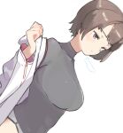  1girl bangs breasts brown_eyes brown_hair closed_mouth co_botan eyebrows_visible_through_hair grey_panties half-closed_eyes highres hyuuga_(kancolle) japanese_clothes kantai_collection large_breasts long_sleeves panties short_hair simple_background solo undershirt underwear undressing upper_body white_background wide_sleeves 