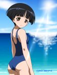  1girl artist_name ass beach black_hair blue_swimsuit blush breasts brown_eyes closed_mouth dated from_behind girls_und_panzer highres konparu_nozomi looking_at_viewer looking_back naotosi ocean outdoors shiny shiny_hair shiny_skin short_hair shoulder_blades sky small_breasts solo swimsuit swimwear 