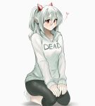  1girl bangs closed_mouth earrings eve_(kumaartsu) full_body hair_between_eyes half_updo hood hoodie horns jewelry kumaartsu leggings long_sleeves looking_at_viewer original pointy_ears red_eyes sleeves_past_wrists solo white_background white_hair white_hoodie 