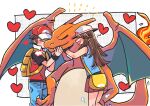  1boy 1girl backpack bag baseball_cap blue_pants blue_shirt blush brown_hair bucket_hat charizard closed_eyes gen_1_pokemon hair_flaps hat heart highres hug jacket kneepits leaf_(pokemon) long_hair messenger_bag mo~zu open_mouth pants pleated_skirt pokemon pokemon_(creature) pokemon_(game) pokemon_frlg raised_eyebrows red_(pokemon) red_headwear red_skirt shirt short_sleeves shoulder_bag skirt sleeveless sleeveless_shirt smile standing symbol_commentary vs_seeker white_headwear wristband yellow_bag |d 