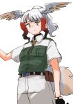  1girl absurdres alternate_hairstyle bird_girl bird_tail bird_wings black_gloves black_hair blush collared_shirt commentary_request cowboy_shot eyebrows_visible_through_hair gloves green_shorts grey_shirt grey_shorts head_wings highres hozumi_sousei japanese_crested_ibis_(kemono_friends) kemono_friends kemono_friends_3 khakis looking_at_viewer neckwear official_alternate_costume orange_eyes ponytail redhead shirt short_hair short_sleeves shorts sidelocks solo t-shirt tail two-tone_shirt uniform white_hair wings 