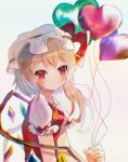  1girl absurdres ascot balloon bangs blonde_hair blurry blush bow breasts chromatic_aberration closed_mouth commentary_request crystal depth_of_field eyebrows_visible_through_hair flandre_scarlet gradient gradient_background hat hat_bow heart_balloon highres holding holding_balloon huge_filesize ke-a-ru looking_at_viewer mob_cap one_side_up orange_neckwear puffy_short_sleeves puffy_sleeves red_bow red_eyes red_vest short_hair short_sleeves simple_background small_breasts smile solo touhou upper_body vest white_background white_headwear wings 