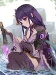  1girl bangs blurry blurry_background blush braid capelet closed_mouth commentary english_commentary from_side genshin_impact hair_ornament highres holding holding_sword holding_weapon japanese_clothes kimono long_hair nail_polish purple_hair purple_nails raiden_(genshin_impact) ribbon sash senro sitting solo sword symbol_commentary tassel thigh-highs twitter_username violet_eyes water weapon 
