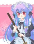  1girl apron broom double_bun eyeshadow frilled_apron frills long_hair maid maid_apron maid_headdress makeup puffy_sleeves purple_hair ranma_1/2 red_eyes shampoo_(ranma_1/2) solo uehara_doh waist_apron white_apron 