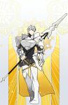  1boy absurdres armor belt blue_eyes fate/grand_order fate_(series) full_body highres holding holding_polearm holding_spear holding_weapon light male_focus onasu_(sawagani) pauldrons percival_(fate) polearm shoulder_armor spear weapon white_hair 