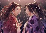  2boys black_hair brothers earrings facial_mark from_side hanafuda haori high_ponytail highres index_finger_raised japanese_clothes jewelry kimetsu_no_yaiba long_hair male_focus multicolored_hair multiple_boys oyumai profile red_eyes redhead siblings tsugikuni_michikatsu tsugikuni_yoriichi twins two-tone_hair upper_body very_long_hair 