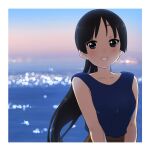  1girl akiyama_mio bangs black_eyes black_hair border clothing_request commentary_request eyebrows_behind_hair highres k-on! kicchi_(tmgk) lens_flare light_blush long_hair looking_at_viewer ocean outdoors ponytail smile solo sunset teeth upper_body white_border 