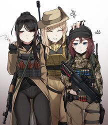  3girls ^_^ assault_rifle bandaid bandaid_on_face bangs beanie belt black_gloves black_hair blonde_hair blue_eyes brown_hair bulletproof_vest cigarette closed_eyes gloves grin gun handgun hat highres holding holding_gun holding_weapon holster jacket k0ng knife long_hair magazine_(weapon) multiple_girls red_eyes rifle sheath sheathed shotgun shotgun_shells smile smoke stalker_(game) weapon 