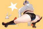  1girl animal_ears ass blue_eyes boots breasts denim denim_shorts dog_ears exercise high_heel_boots high_heels hood hoodie ikuchan_kaoru ikuchan_kaoru_(character) indie_virtual_youtuber large_breasts looking_at_viewer looking_back orange_background original short_hair shorts solo star_(symbol) thighs virtual_youtuber yellow_background 