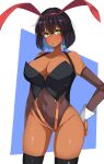  1girl :o absurdres alternate_costume animal_ears antyobi0720 ass_visible_through_thighs black_legwear black_sleeves blush bob_cut breasts cleavage_cutout clothing_cutout commentary covered_navel cowboy_shot dark-skinned_female dark_skin detached_sleeves eyebrows_visible_through_hair fake_animal_ears girls_und_panzer green_eyes halterneck hand_on_hip highres hoshino_(girls_und_panzer) large_breasts looking_at_viewer open_mouth playboy_bunny rabbit_ears skindentation solo standing thigh-highs thighs wrist_cuffs 