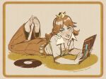  1girl alternate_costume aqua_eyes barefoot blush brown_hair collared_shirt crown earrings eyeshadow full_body holding jewelry legs_up long_hair lying makeup super_mario_bros. on_stomach parted_lips princess_daisy record record_jacket shirt short_sleeves signature smile solo winton_kidd 