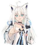  ahoge animal_ears bangs black_choker blush braid choker collarbone commentary_request dog_tags eyebrows_visible_through_hair fox_ears fox_girl fur-trimmed_jacket fur_trim green_eyes hair_between_eyes highres hololive jacket long_hair looking_at_viewer open_mouth pointing pointing_at_viewer polca38885403 shirakami_fubuki sidelocks simple_background single_braid virtual_youtuber white_background white_hair white_jacket 