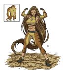  1girl abs absurdres apoloniodraws ben_10 brown_hair dinosaur flexing green_eyes ground_shatter highres long_hair muscular muscular_female omnitrix pose shoes sneakers tattoo 