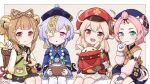  5girls :3 :d ahoge animal_ears backpack bag bag_charm bandaged_leg bandages bangs bangs_pinned_back bead_necklace beads bell black_nails black_shorts bloomers bottle bow bowtie braid brown_eyes brown_gloves brown_hair brown_scarf cabbie_hat cat_ears cat_girl cat_tail charm_(object) chinese_clothes clover_print coat coconut coin_hair_ornament commentary_request detached_sleeves diona_(genshin_impact) dodoco_(genshin_impact) drinking_straw eyebrows_visible_through_hair genshin_impact gloves hair_between_eyes hair_ribbon hat hat_feather hat_ornament highres jewelry jiangshi jumpy_dumpty kagamine_ran klee_(genshin_impact) light_brown_hair long_hair looking_at_viewer low_ponytail low_twintails mechanical_halo multiple_girls necklace ofuda open_mouth orange_eyes orb paimon_(genshin_impact) paw_pose paw_print paw_print_palms pocket pointy_ears purple_hair qing_guanmao qiqi_(genshin_impact) randoseru red_coat red_headwear ribbon scarf short_hair shorts sidelocks simple_background single_braid sitting smile tail thigh-highs twintails underwear violet_eyes white_legwear yaoyao_(genshin_impact) yin_yang yin_yang_orb zettai_ryouiki 