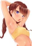  1girl armpits arms_behind_head arms_up bangs bikini blush breasts brown_hair highres looking_at_viewer midriff open_mouth original sak1023 small_breasts stretch sweat swimsuit tan twintails violet_eyes white_background yellow_bikini 