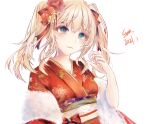  1girl 2021 7160824 artist_name black_ribbon blonde_hair blue_eyes blush breasts closed_mouth eyebrows_visible_through_hair flower fur-trimmed_sleeves fur_trim girls_frontline hair_flower hair_ornament hair_ribbon hand_up highres japanese_clothes kimono long_hair looking_at_viewer looking_away obr_(girls_frontline) ribbon small_breasts solo twintails white_background 