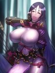  1girl armor bangs black_gloves bodysuit breasts elbow_gloves fate/grand_order fate_(series) fingerless_gloves gloves japanese_armor kote large_breasts long_hair looking_at_viewer low-tied_long_hair minami_koyogi minamoto_no_raikou_(fate) open_mouth parted_bangs pelvic_curtain purple_bodysuit purple_hair ribbed_sleeves rope smile solo tassel very_long_hair violet_eyes 