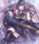  1girl bangs belt black_dress black_hair black_legwear blue_eyes dress final_fantasy final_fantasy_xiv gaia_(ff14) gothic guitar instrument licking_lips long_hair long_sleeves looking_at_viewer nariann off_shoulder red_lips solo tank_top thigh-highs tongue tongue_out wide_sleeves 